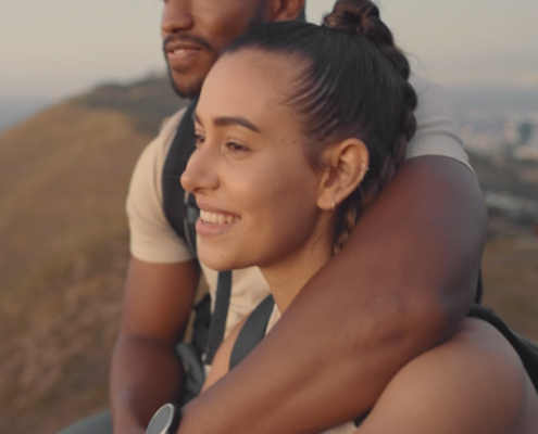 couple hugging outside